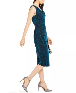INC International Concepts Women's Belted Cowlneck Shimmer Dress Blue Size 8