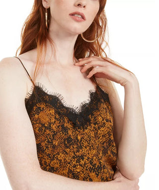 Bar III Women's Snake-Print Lace-Trim Top Med Yellow Size Small