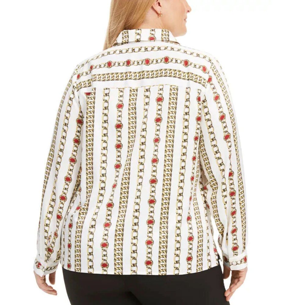 Kasper Women's Plus Size Chain-Link Satin Button-Up Shirt White Size 24W
