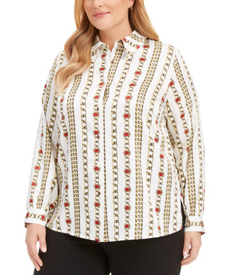 Kasper Women's Plus Size Chain-Link Satin Button-Up Shirt White Size 24W