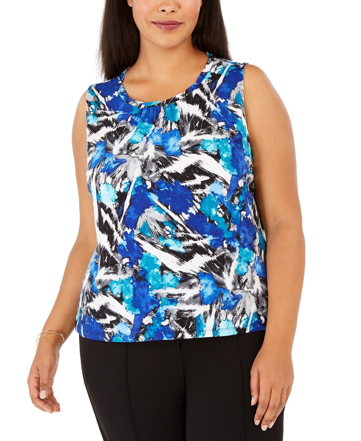 Kasper Women's Plus Size Printed Ruched-Neck Top Blue Size XX-Large