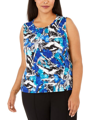 Kasper Women's Plus Size Printed Ruched-Neck Top Blue Size XX-Large