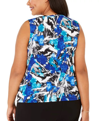 Kasper Women's Plus Size Printed Ruched-Neck Top Blue Size XX-Large