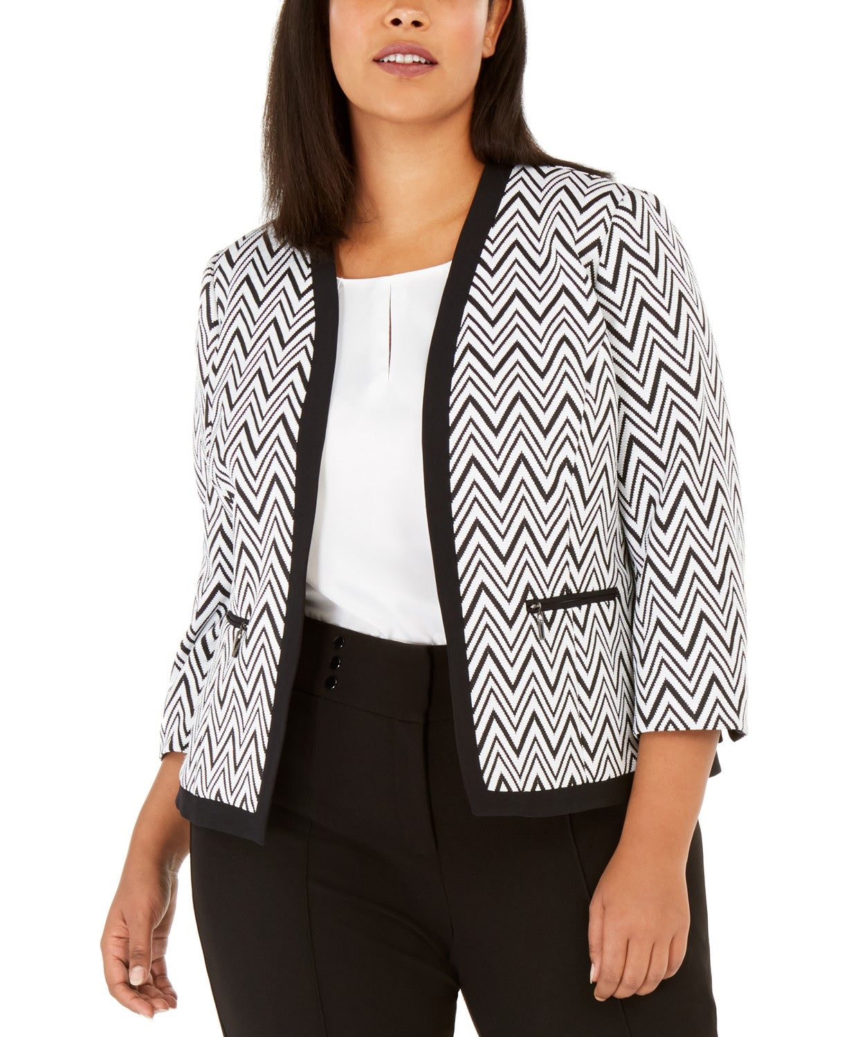 Kasper Women's Plus Size Zigzag Knit Jacket Black Multi Size 16W