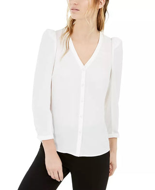 Bar III Women's Puff-Sleeve Button-Up Blouse  white Size Extra Large