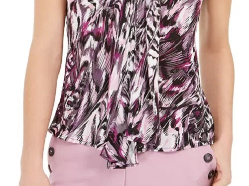 Bar III Women's Printed Tie-Neck Top Brght Pink Size X-Large