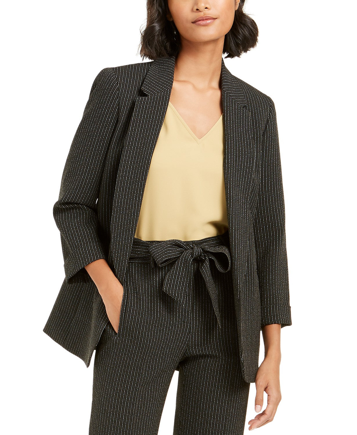 Bar III Women's Pinstripe Open-Front Blazer Black Size Medium