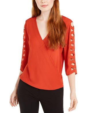 BCX Juniors' Lattice-Sleeve Wrap Top Burnt Orange Size Extra Small