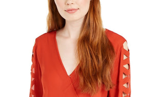 BCX Juniors' Lattice-Sleeve Wrap Top Burnt Orange Size Extra Small