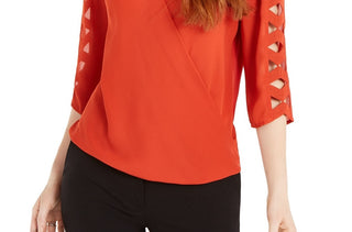 BCX Juniors' Lattice-Sleeve Wrap Top Burnt Orange Size Extra Small