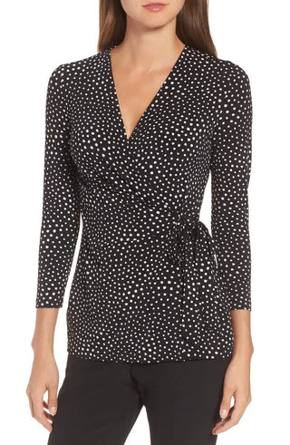 Anne Klein Women's Dot Grid Faux Wrap Top Black Size Medium