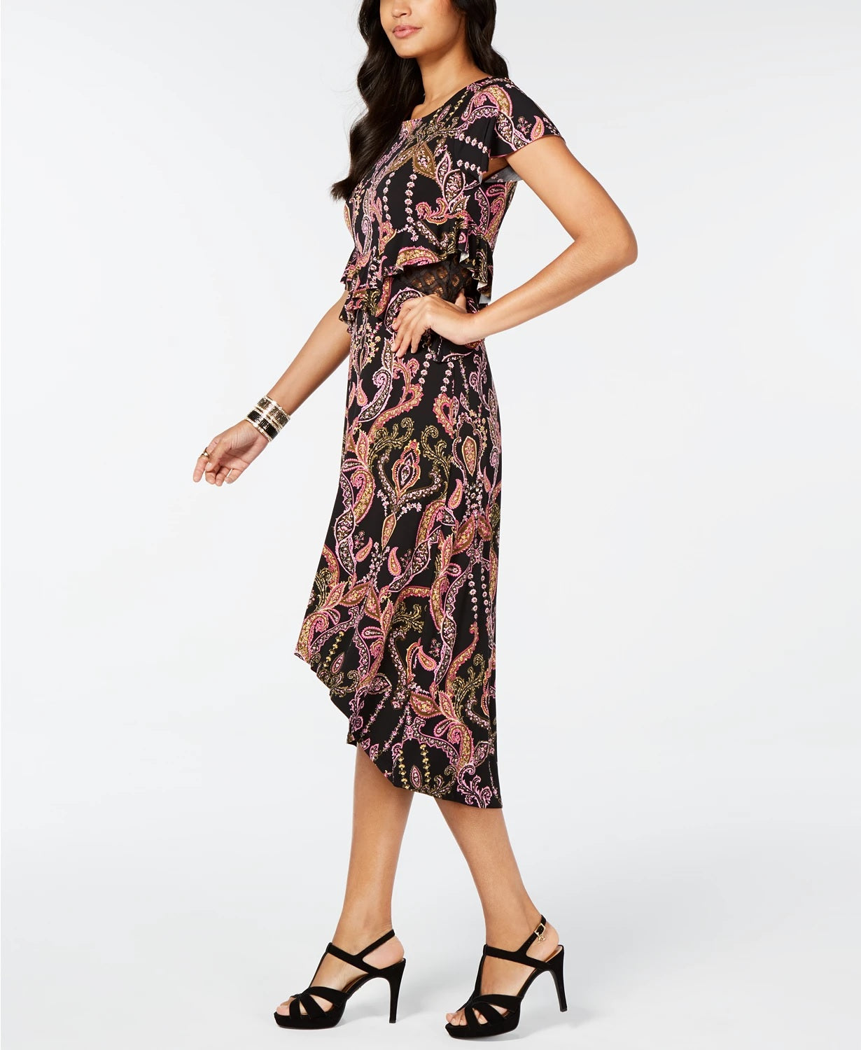 Thalia Sodi Women's Printed Cutout Waist High Low Hem Dress Black Size X-Large