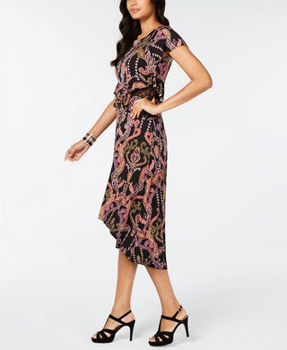 Thalia Sodi Women's Printed Cutout Waist High Low Hem Dress Black Size X-Large