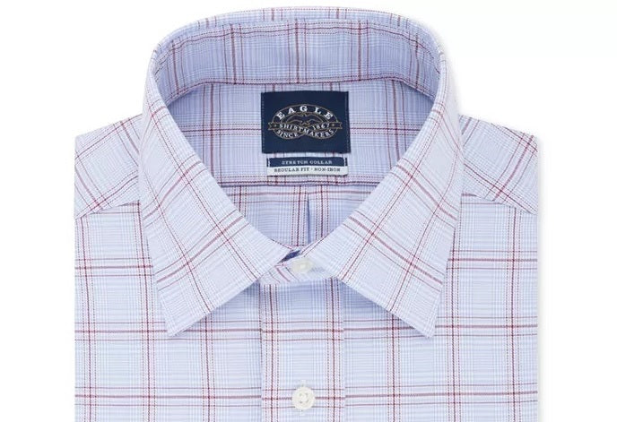 Eagle Men's Classic Regular Fit Non Iron Stretch Collar Check Dress Shirt Blue Size 15.5X34-35