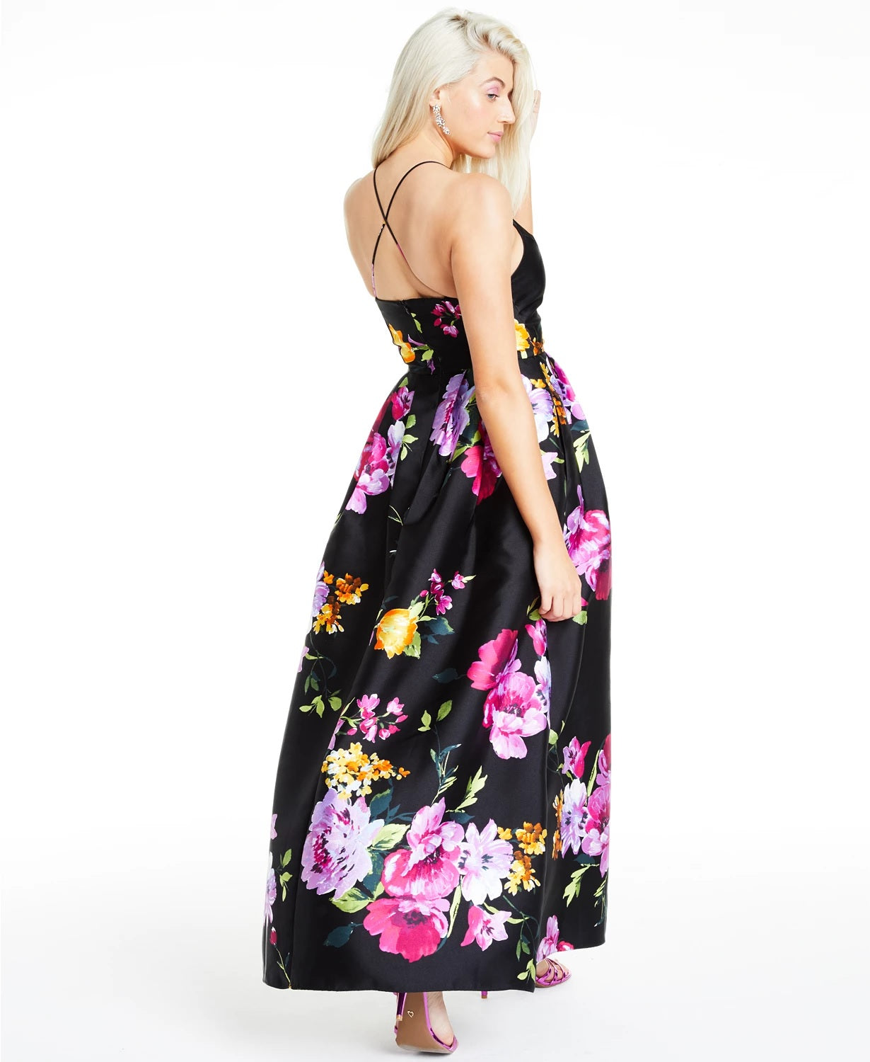 BCX Juniors' Floral-Print Cross-Back Gown  Black Size 5