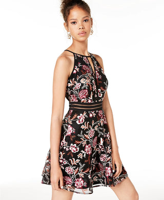 BCX Juniors' Embroidered Illusion Fit & Flare Dress Black Size 1