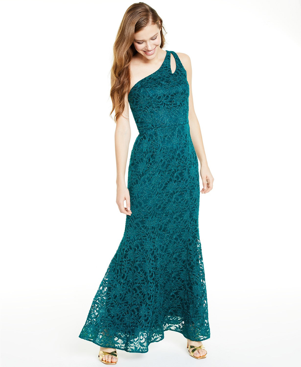 BCX Juniors' One-Shoulder Glitter Lace Gown Bright Grn Size 15