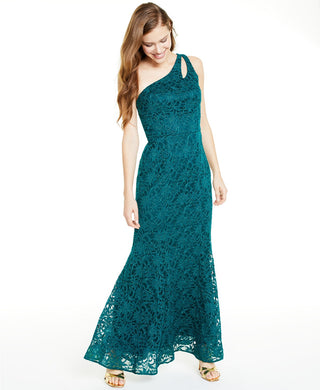 BCX Juniors' One-Shoulder Glitter Lace Gown Bright Grn Size 15