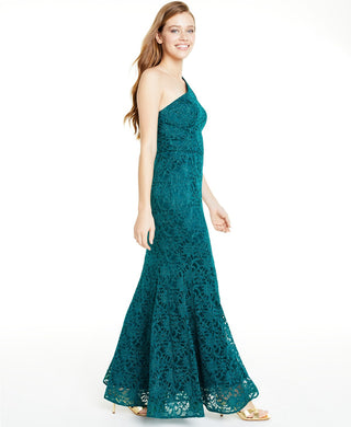 BCX Juniors' One-Shoulder Glitter Lace Gown Bright Grn Size 15