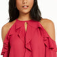 Thalia Sodi Women's Ruffle-Trim Cold-Shoulder Top  Med Pink Size Small