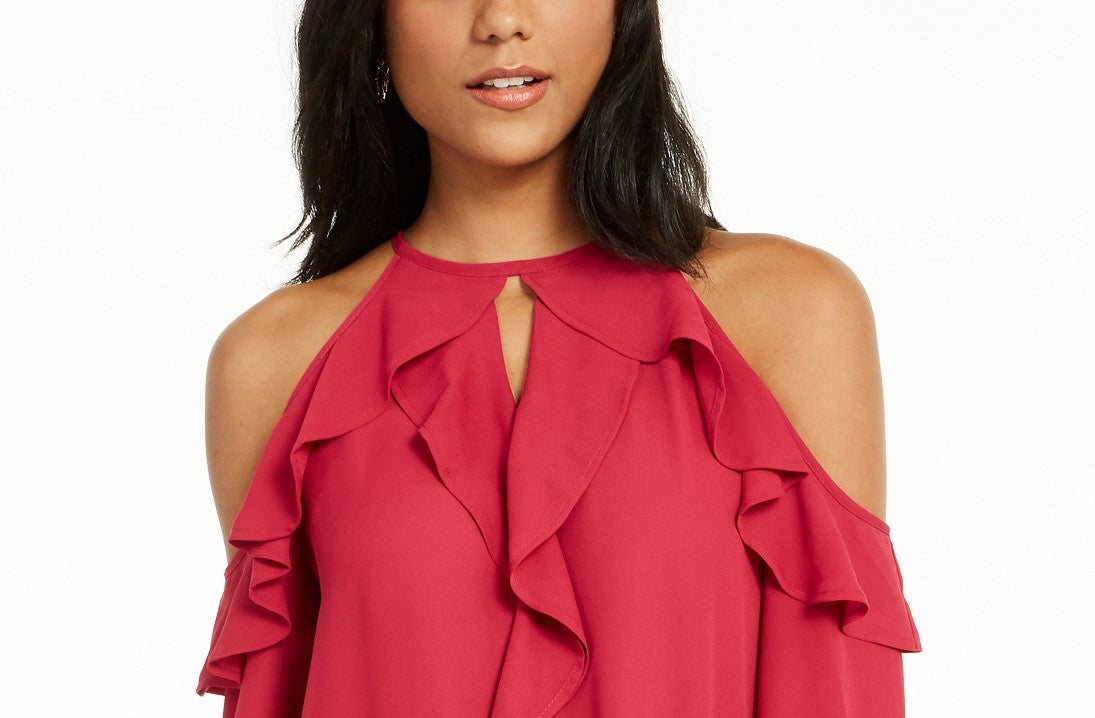 Thalia Sodi Women's Ruffle-Trim Cold-Shoulder Top  Med Pink Size Small
