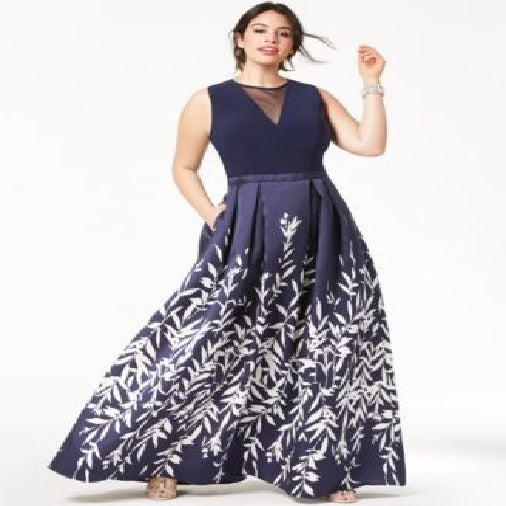 Morgan & Company Women's Trendy Plus Size Printed A-Line Gown Navy /White Size 20