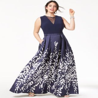 Morgan & Company Women's Trendy Plus Size Printed A-Line Gown Navy /White Size 20