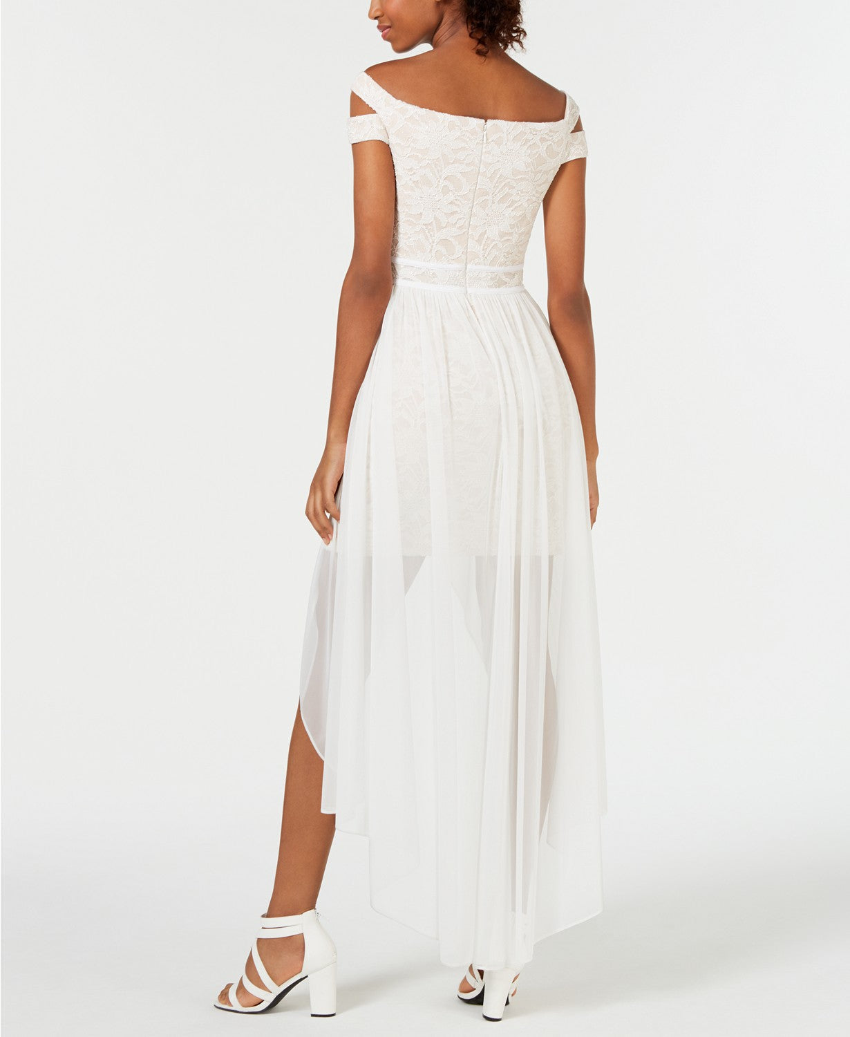 Morgan & Company Women's Juniors' Off-The-Shoulder Asymmetrical Gown Natural Size 1
