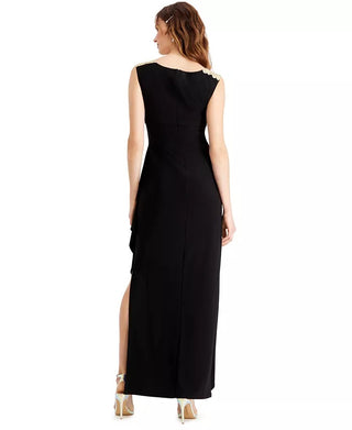 Women's Alex Evenings Embroidered Side Ruched Gown Size 8 - Black Black Size 8