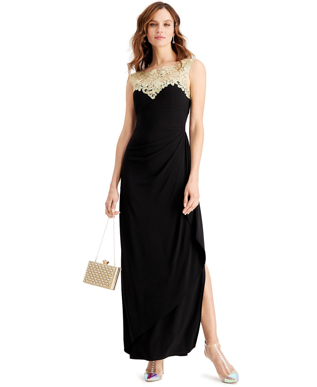 Alex Evenings Women's Embroidered Side Ruched Gown Black Gold Size 4