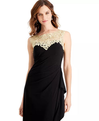 Alex Evenings Women's Embroidered Side Ruched Gown Black Gold Size 4