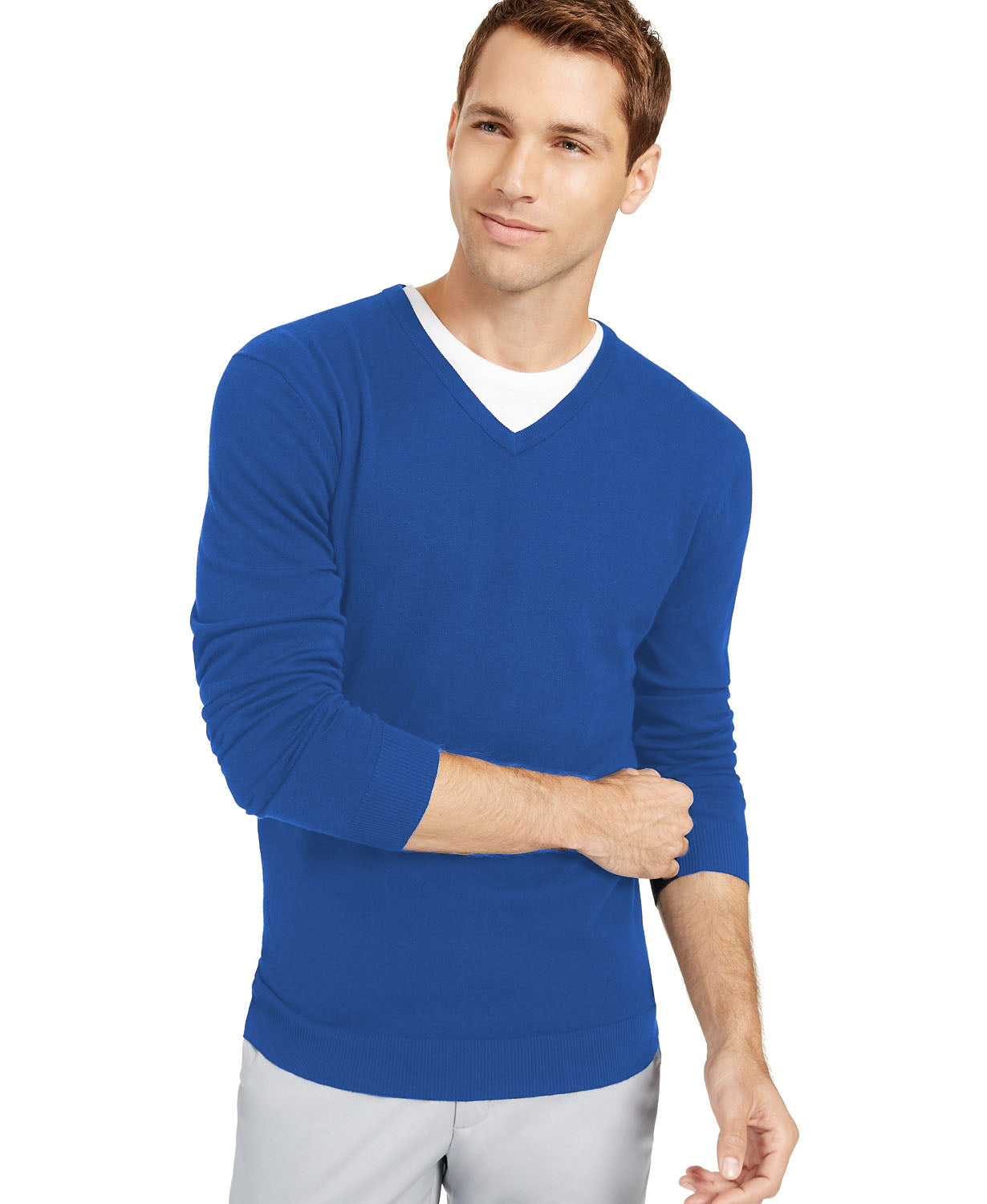 Alfani Men's Solid V-Neck Cotton Sweater Blue Size Small