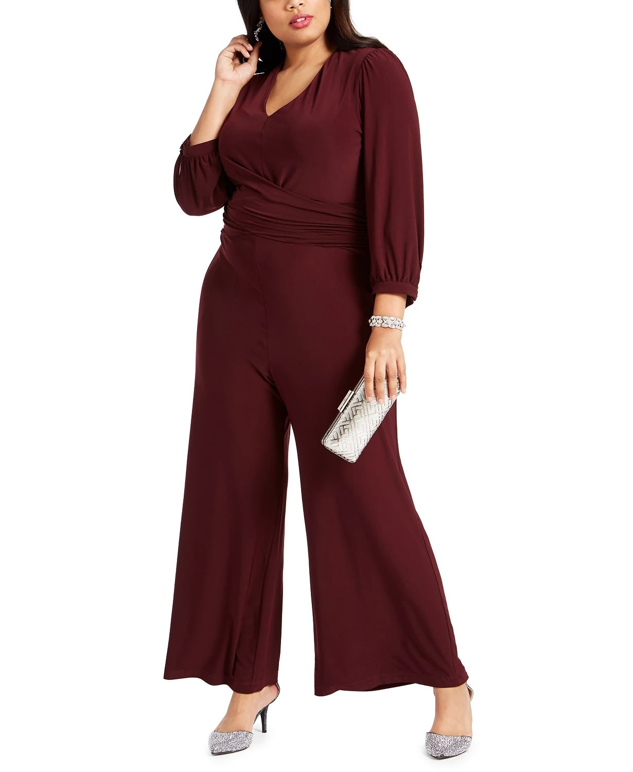 Taylor Women's Plus Size Ruched Wide-Leg Jumpsuit Dark Red Size 18W