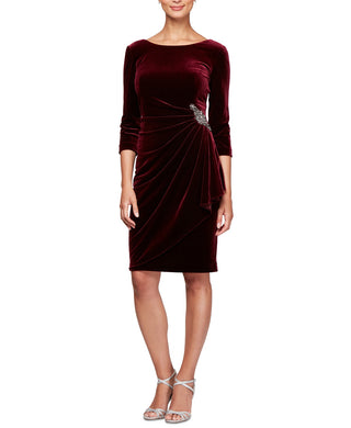 Alex Evenings Women's Ruched-Side Velvet Dress Red Size 16
