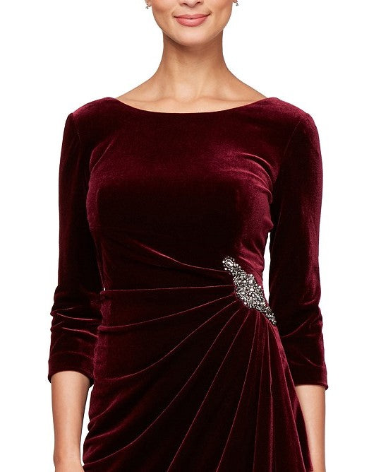 Alex Evenings Women's Ruched-Side Velvet Dress Red Size 16