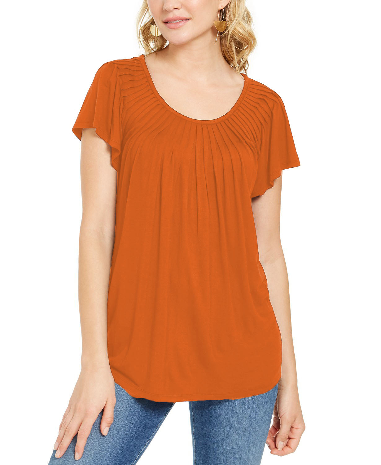 Style & Co Women's Pleated-Neck Flutter-Sleeve Top Brown Size Small