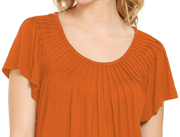 Style & Co Women's Pleated-Neck Flutter-Sleeve Top Brown Size Small