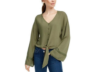 Freshman Juniors Women's Flare-Sleeved Tie-Waist Blouse Green Size Extra Large