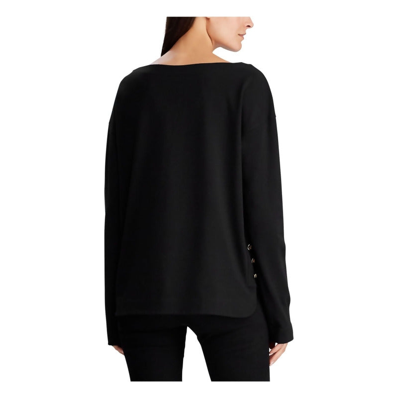 Ralph Lauren Women's Black Button Hem Long Sleeve Jewel Neck T-Shirt Top  Black Size Extra Large