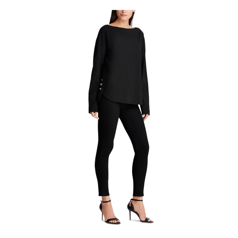 Ralph Lauren Women's Black Button Hem Long Sleeve Jewel Neck T-Shirt Top  Black Size Extra Large