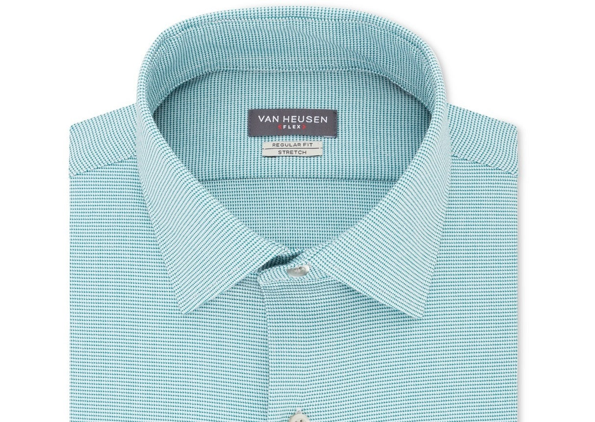 Van Heusen Men's Classic/Regular-Fit Performance Stretch Wrinkle-Free Flex Collar Micro-Houndstooth Dress Shirt Blue Size 14-32-33