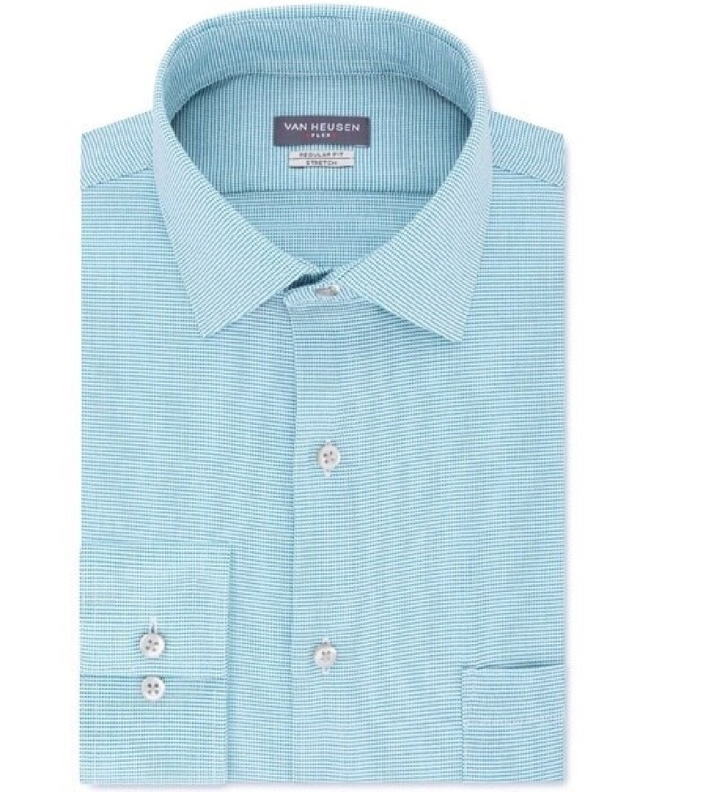 Van Heusen Men's Regular-Fit Wrinkle-Free Performance Stretch Flex Collar Solid Dress Shirt  Aqua Size 15.5x34-35