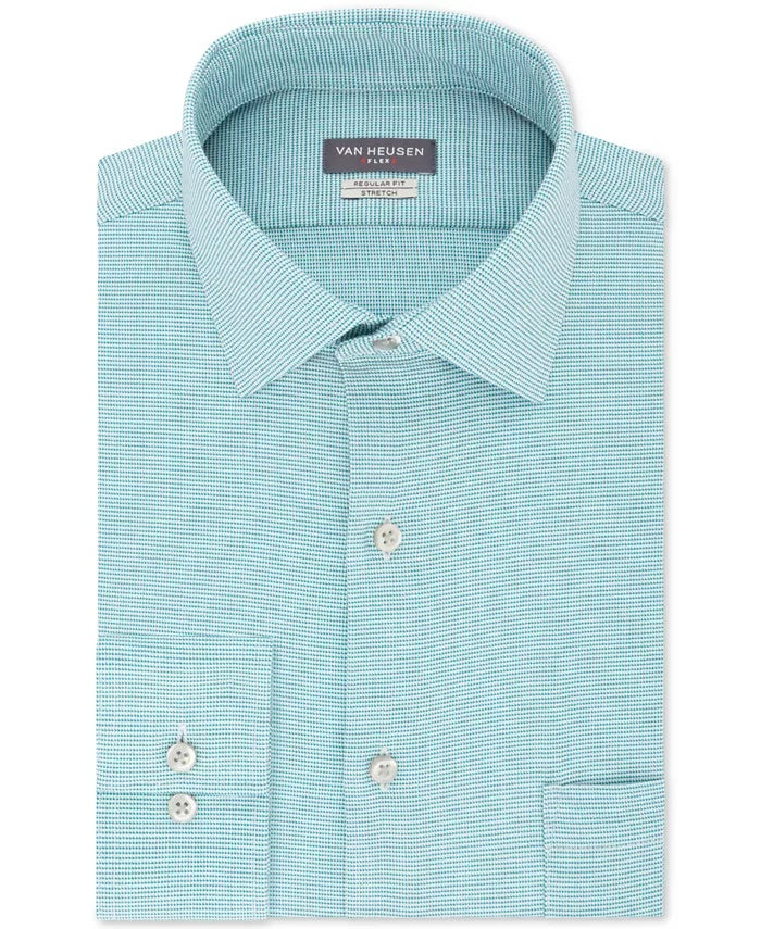 Van Heusen Men's Classic/Regular-Fit Performance Stretch Wrinkle-Free Flex Collar Micro-Houndstooth Dress Shirt Blue Size 17.5X34-35