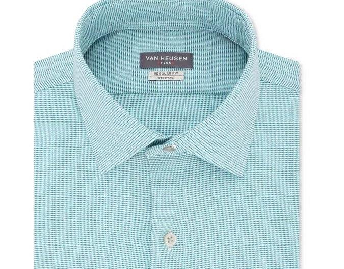 Van Heusen Men's Classic/Regular-Fit Performance Stretch Wrinkle-Free Flex Collar Micro-Houndstooth Dress Shirt Blue Size 17.5X34-35