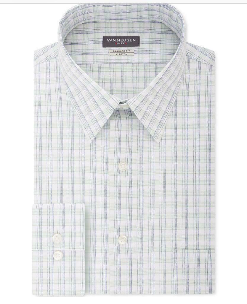 Van Heusen Men's Classic Fit Wrinkle-Free Performance Stretch Flex Collar Plaid Dress Shirt Blue Size 17-36-37