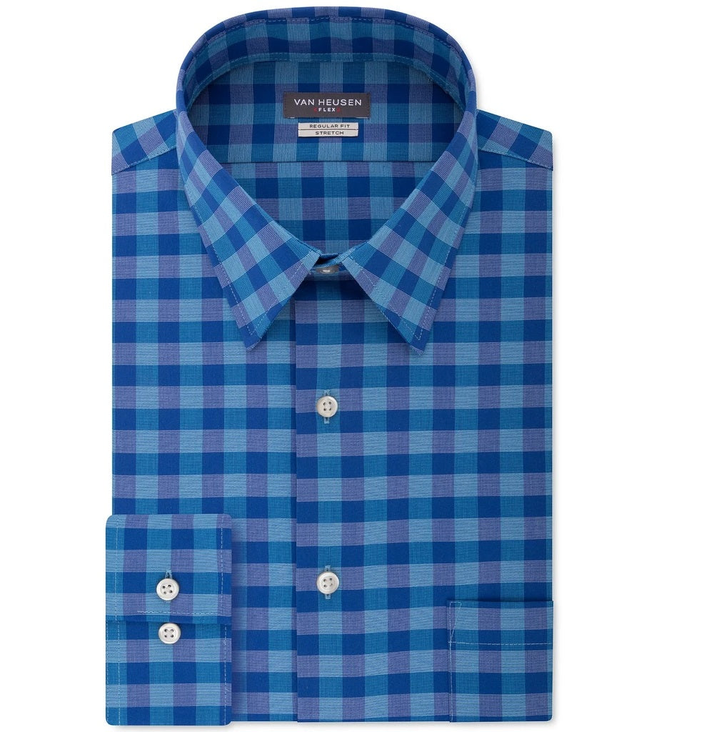 Van Heusen Men's Fit Flex Collar Check Dress Shirt Aqua Size 17.5-32-33