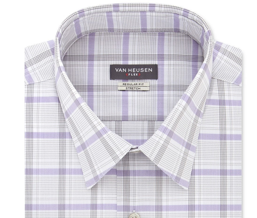 Van Heusen Men's Classic Fit Wrinkle-Free Performance Stretch Flex Collar Check Dress Shirt Gray Size 16-36-37
