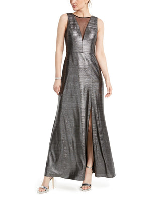 Nightway Women's Metallic Illusion-Mesh Gown Gunmetal Size 4