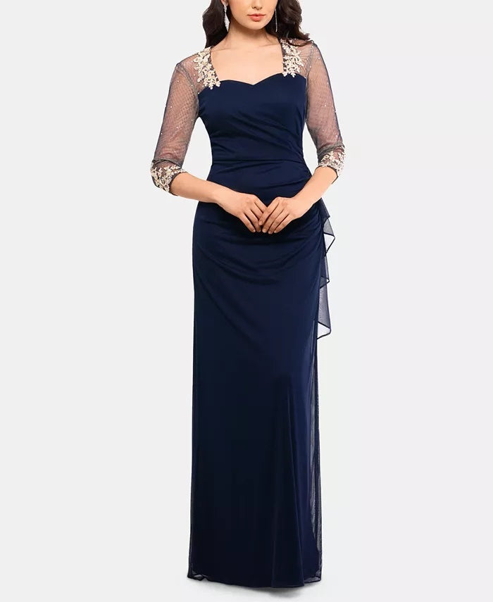 XSCAPE Women's Embellished Illusion Gown Dark Blue Size 10 Petite