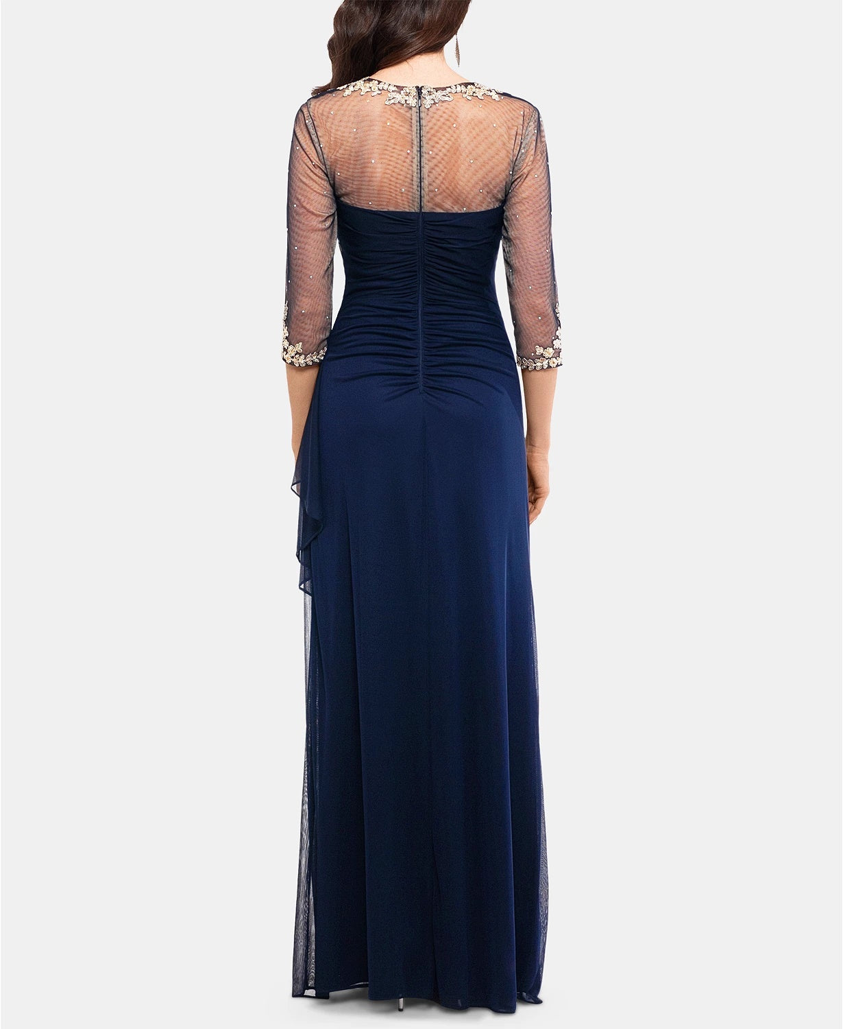 XSCAPE Women's Embellished Illusion Gown Dark Blue Size 10 Petite